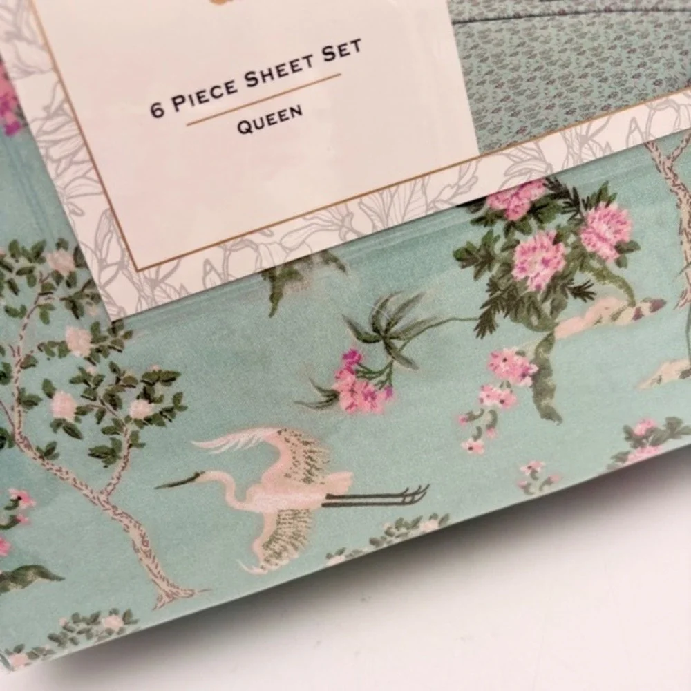 Ophelia Queen 6 Piece Sheet Set Mint Green Crane Floral Chinoiserie Spring Boho‎